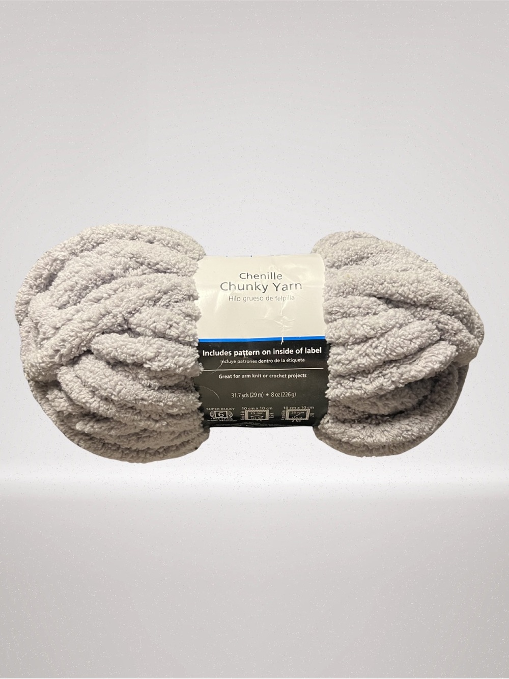 Mainstays Chenille Chunky Yarn Light Gray Super Bulky #6 8 oz 31.7 Yds New